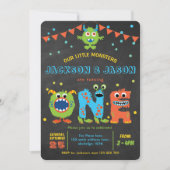 Invitation Twins garçon 1er anniversaire petite fête de monst (Devant)