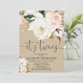 Invitation Twins garçon fille blanc rose rustique baby shower (Debout devant)