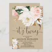 Invitation Twins garçon fille blanc rose rustique baby shower (Devant / Derrière)