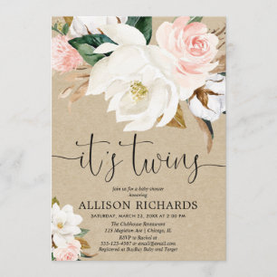 Invitation Twins garçon fille blanc rose rustique baby shower