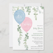 Invitation Twins garçon fille bleu ballons rose baby shower (Devant)