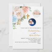 Invitation Twins garçon fille bleu rose photo luxe baptême (Devant)