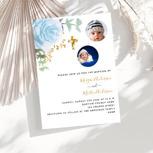 Invitation Twins garçons bleu floral photo luxe baptême