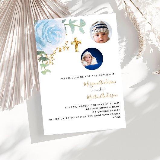 Invitation Twins garçons bleu floral photo luxe baptême