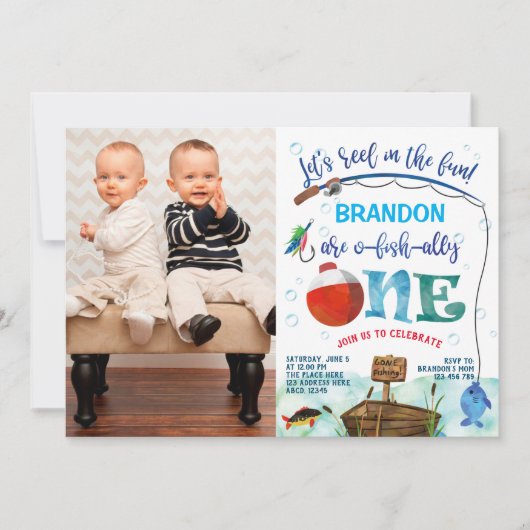 Invitation Twins garçons petit pêcheur 1er anniversaire photo (Devant)