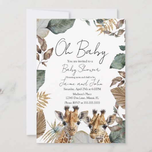 Invitation Twins Giraffe Jungle Wild Baby Shower (Devant)