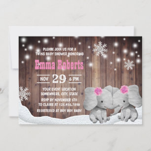 Invitation Twins Girl Elephant Winter Snowflaes Baby shower