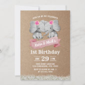 Invitation Twins Girl mignonne Elephant Rustique Kraft Annive (Devant)