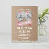 Invitation Twins Girl mignonne Elephant Rustique Kraft Annive (Debout devant)