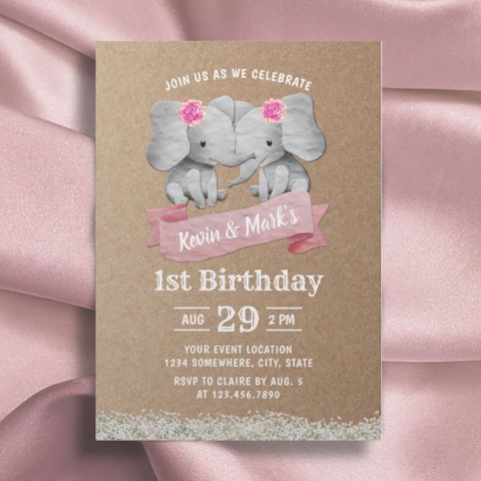 Invitation Twins Girl mignonne Elephant Rustique Kraft Annive