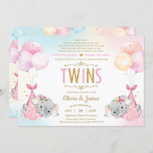 Invitation Twins Girls Elephant Baby shower virtuel par courr