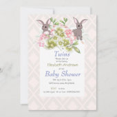 Invitation Twins Grey et Rose Floral Bunny Shower (Devant)