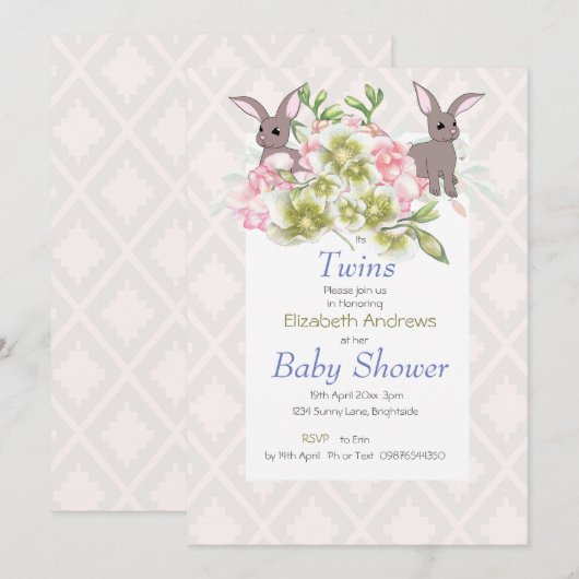 Invitation Twins Grey et Rose Floral Bunny Shower (Devant / Derrière)