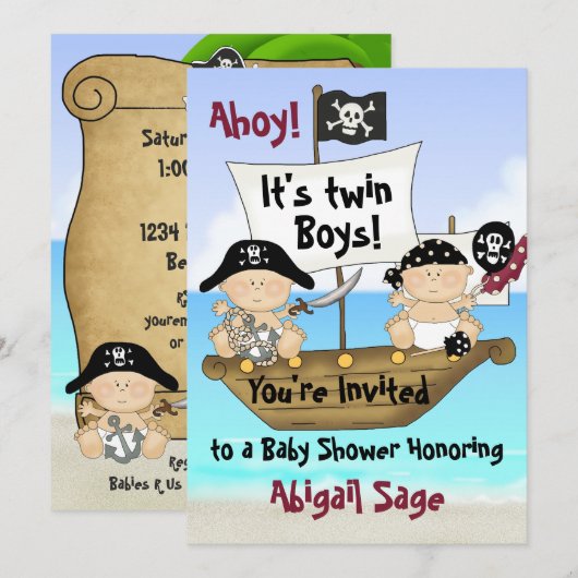 Invitation Twins mignonne petit Buccaneer Baby shower Pirate (Devant / Derrière)