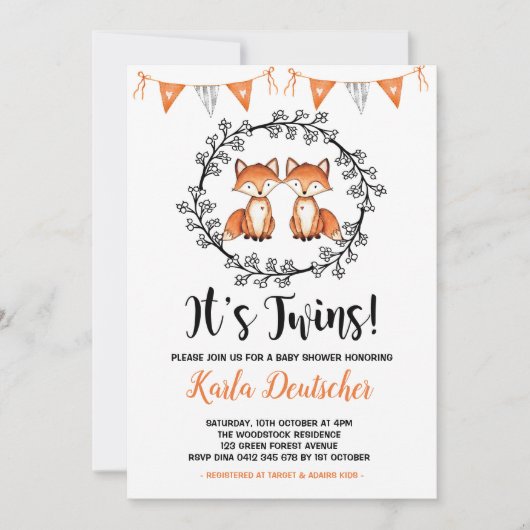 Invitation Twins modernes Fox Baby shower Orange Black Party (Devant)
