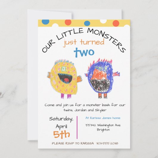 Invitation TWINS N'Importe Quel Âge Monstre Jaune Anniversair (Devant)