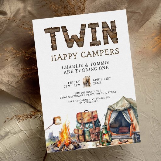 Invitation Twins One Happy Camper Rustique 1er anniversaire