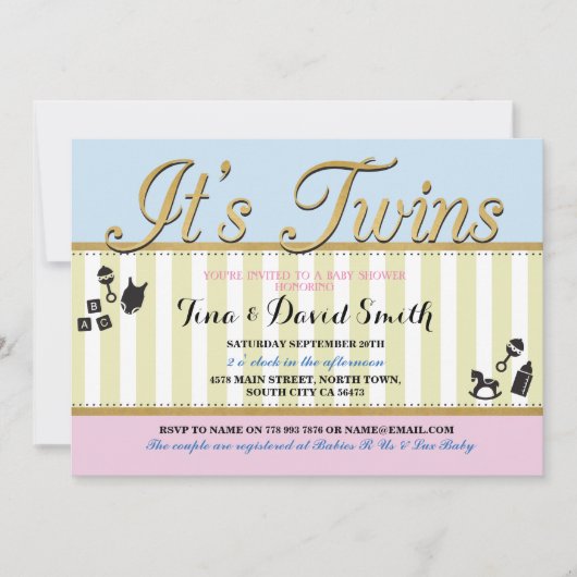 Invitation Twins Pink Blue Gold Boy fille Baby shower Invitat (Devant)