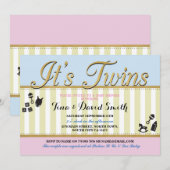 Invitation Twins Pink Blue Gold Boy fille Baby shower Invitat (Devant / Derrière)
