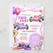 Invitation Twins Pink Racing Car Two Fast Girl 2e anniversair (Devant)
