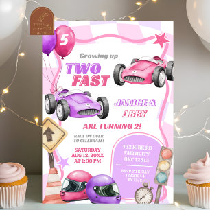 Invitation Twins Pink Racing Car Two Fast Girl 2e anniversair