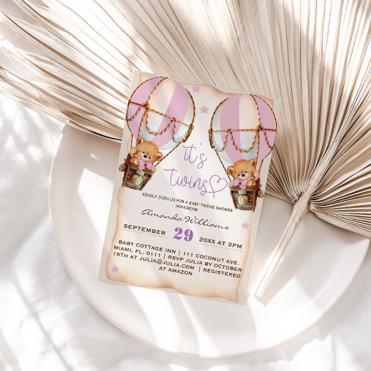 Invitation Twins Pink Teddy Bear Baby shower de ballon à air 