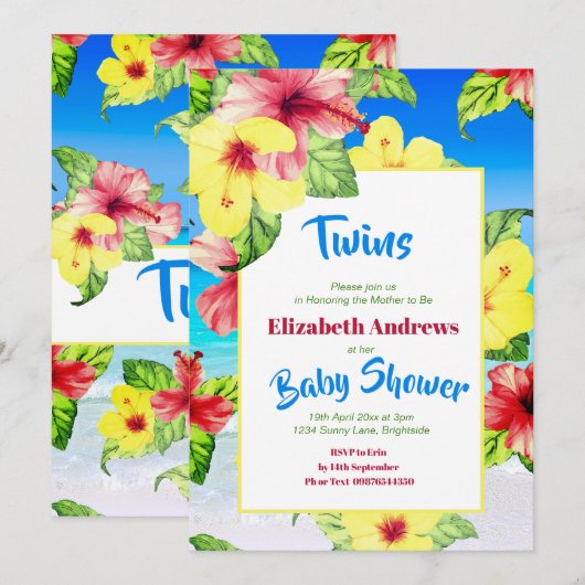 Invitation Twins Plage de fleurs tropicales Baby shower flora (Devant / Derrière)