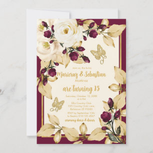 Invitation Twins Quinceañera Champagne Bourgogne Gold Frame
