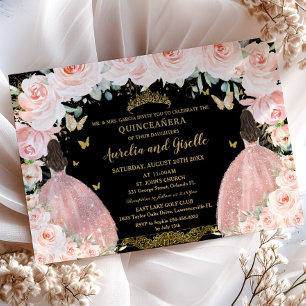 Invitation Twins Quinceañera Princess Blush Floral Gold Noir