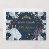 Invitation Twins Quinceañera Princesses Marine Bleu Flore (Dos)
