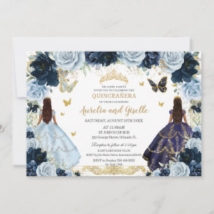 Invitation Twins Quinceañera Princesses Marine Bleu Flore