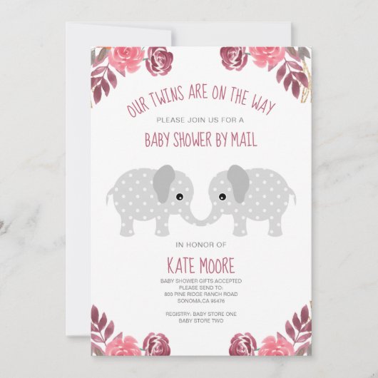 Invitation Twins Red Floral Elephant Baby shower par courrier (Devant)