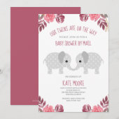 Invitation Twins Red Floral Elephant Baby shower par courrier (Devant / Derrière)