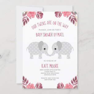 Invitation Twins Red Floral Elephant Baby shower par courrier