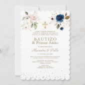 Invitation Twins Rose Blue Flowers Primer Añito Bautizo (Devant)