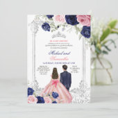 Invitation Twins Rose et Navy Blue Floral Silver Quinceañera (Debout devant)