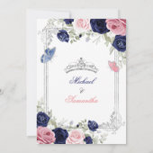 Invitation Twins Rose et Navy Blue Floral Silver Quinceañera (Dos)