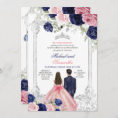 Invitation Twins Rose et Navy Blue Floral Silver Quinceañera (Devant / Derrière)