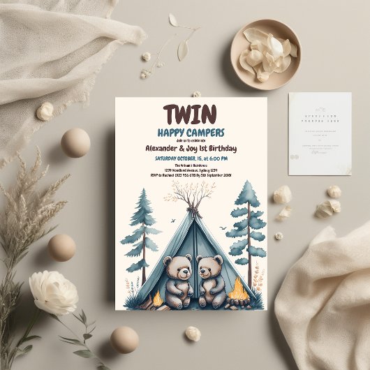 Invitation Twins Rustic One Happy Camper Anniversaire