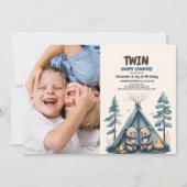 Invitation Twins Rustic One Happy Camper Anniversaire (Devant)