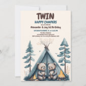 Invitation Twins Rustic One Happy Camper Anniversaire (Devant)