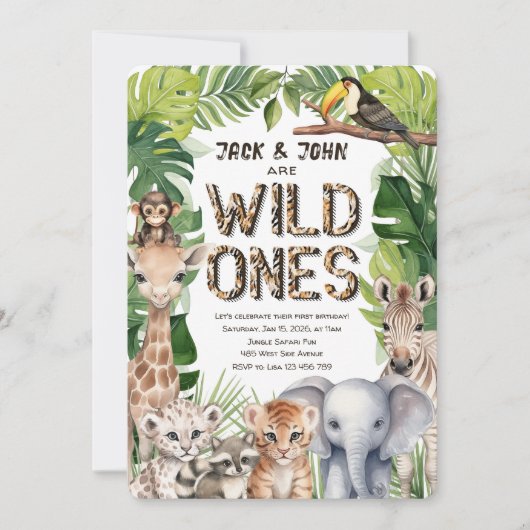 Invitation Twins Safari garçon 1er anniversaire, Jungle Wild  (Devant)