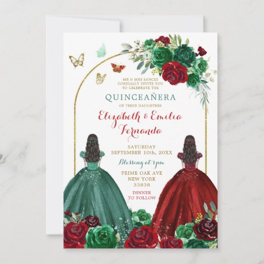 Invitation Twins Soeurs Hunter Green Rose Rouge Quinceañera (Devant)