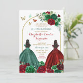 Invitation Twins Soeurs Hunter Green Rose Rouge Quinceañera (Debout devant)