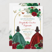 Invitation Twins Soeurs Hunter Green Rose Rouge Quinceañera (Devant / Derrière)