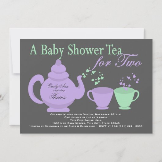 Invitation Twins Tea Party Purple Baby shower vert (Devant)