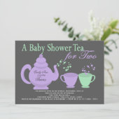 Invitation Twins Tea Party Purple Baby shower vert (Debout devant)