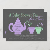 Invitation Twins Tea Party Purple Baby shower vert (Devant / Derrière)