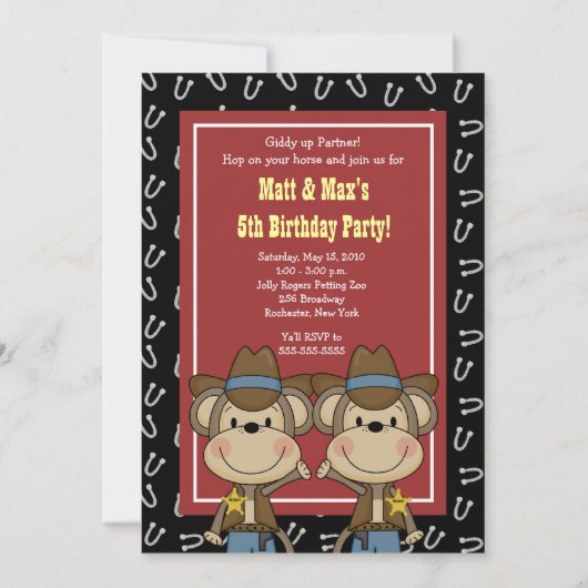 Invitation TWINS Twin Boys Western Cowboy Monkey 5x7 Annivers (Devant)