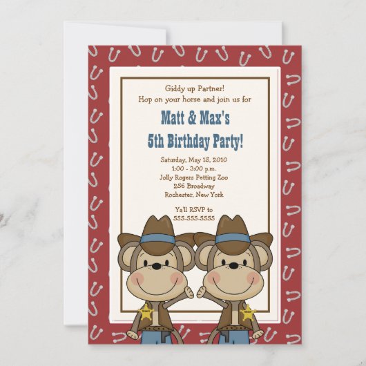 Invitation TWINS Twin Boys Western Cowboy Monkey 5x7 Annivers (Devant)
